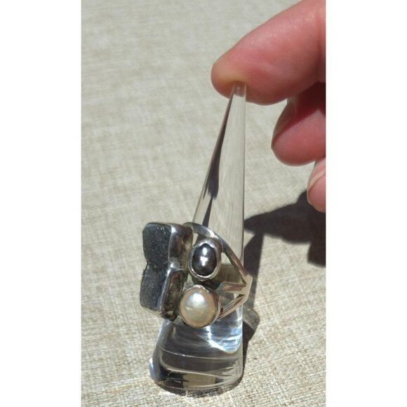 Vintage Brutalist 925 Silver Ring Black Druzy Quartz & Pearls Size 6-3/4 to 7 - Picture 5 of 16